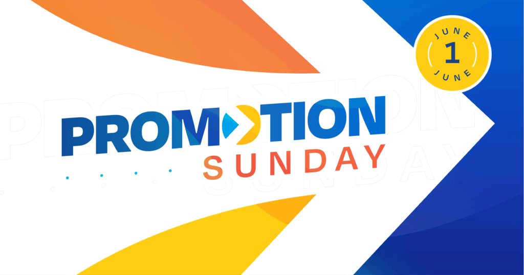 Promotion Sunday graphic with bold colors and arrow design.