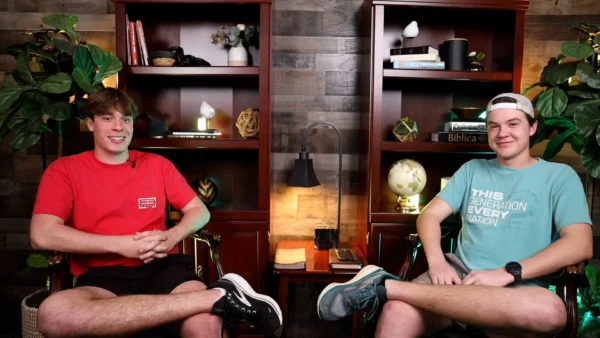 Two podcast hosts sitting in a studio, smiling at the camera. Episode 18 of Thinking it Through – 'What True Leadership Looks Like.