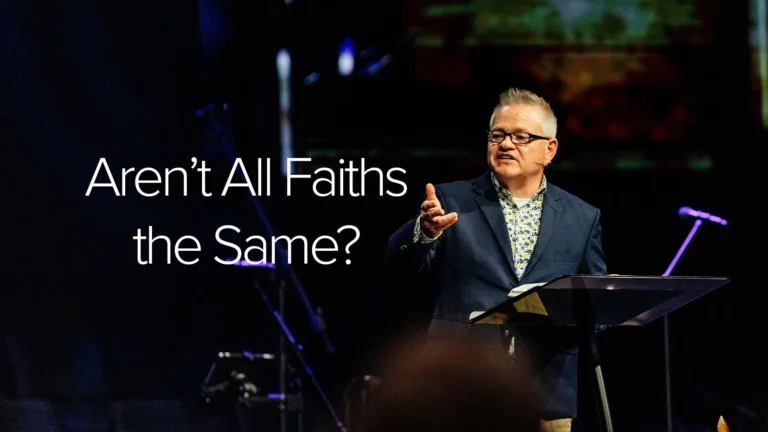 Greg Bath delivering sermon titled "Aren’t All Faiths the Same?" at Trinity Baptist Church.