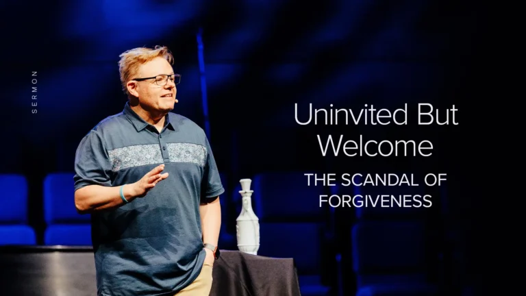 Sermon title slide: “Uninvited But Welcome – The Scandal of Forgiveness” with Pastor David Cowan