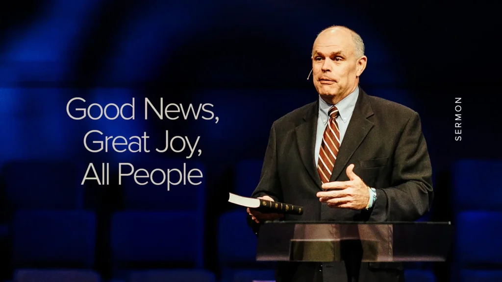 Sermon slide with Pastor David Rose and the title "Good News, Great Joy, All People."