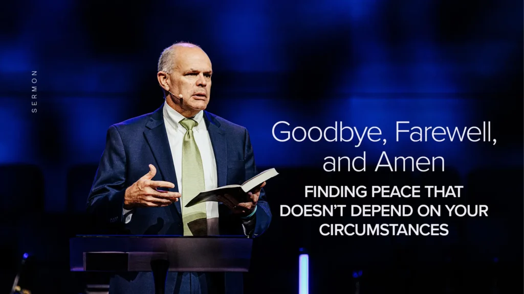 Pastor David Rose preaching at Trinity Baptist Church, holding an open Bible — Goodbye, Farewell, and Amen sermon.