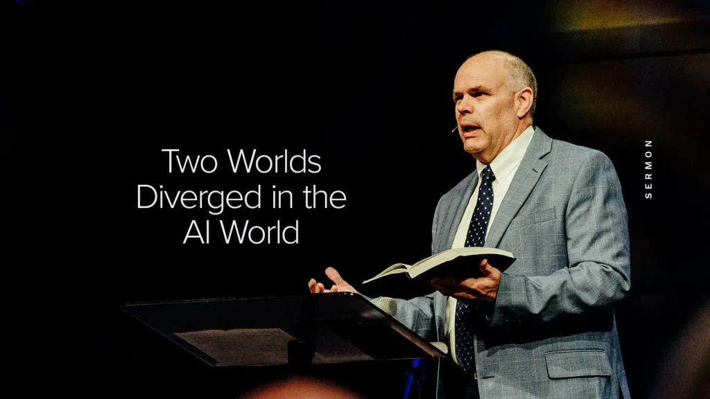 Pastor David Rose preaching from an open Bible at Trinity Baptist Church — sermon: Two Worlds Diverged in the AI World